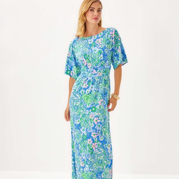 Lilly Pulitzer Dresses & Skirts - NWOT LILLY PULITZER Parigi Boat Neck Maxi Dress Sunwashed Blue Plumes In Bloom